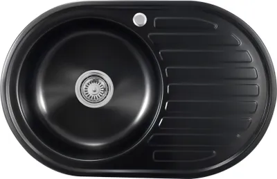 A top-down view of a black kitchen sink with a drain and faucet hole.