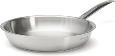 A stainless steel frying pan with a handle, shown from a side angle on a white background.