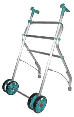 Imagen del producto de Andador de dos ruedas, fabricado en aluminio ligero, plegable, con empuñaduras ajustables, ideal para personas mayores, color azul