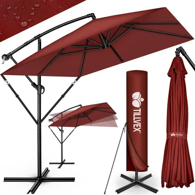 Produktbild von tillvex® Alu Sonnenschirm Rechteckig Ø 330 cm Rot + Abdeckung mit Kurbel | Ampelschirm Eckig mit Ständer & Windschutz | Gartenschirm UV-Schutz Aluminium | Kurbelschirm Marktschirm wasserdicht 360° drehbar