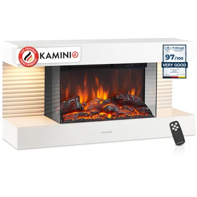 Productafbeelding van KAMINIO Elektrische haard LIZ - Elektrische wandhaard met verwarming, 3D-vlammeffect, LED-omgevingslicht, afstandsbediening - Wit