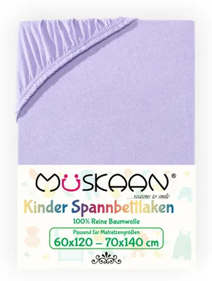 Produktbild von Müskaan Jersey Kinder Spannbettlaken 60x120 - 70x140 cm flieder bis 12cm Matratzenhöhe Gummizug Bettlaken 100% Baumwolle