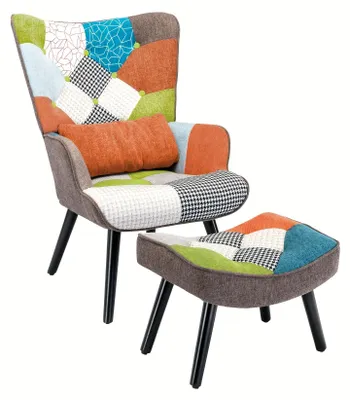 Immagine prodotto di Poltrona da lettura - Poltrona - Poltrona relax - Poltrona da lettura - Design con schienale alto - Rivestimento patchwork con poggiapiedi
