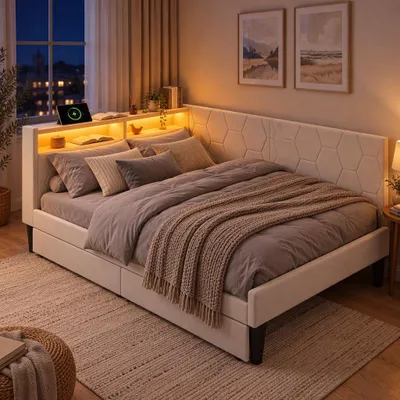 Immagine prodotto di Letto imbottito a giorno 90x200 con LED, divano letto imbottito, letto per ragazzi con 2 cassetti e spazio contenitivo, letto a giorno per ragazzi con USB, color beige
