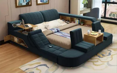 Productafbeelding van Donkerblauwe multifunctionele bedbank, design tweepersoonsbed