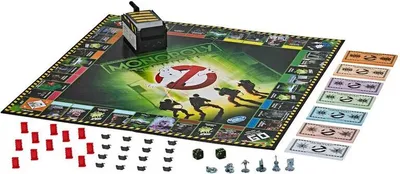 A Ghostbusters themed Monopoly board game is displayed on a white background, with game pieces and money scattered around it.