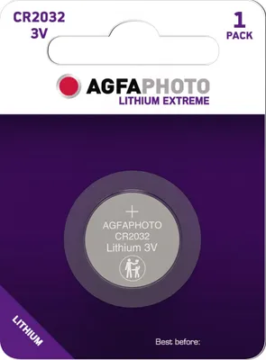 The image shows the packaging of an AGFA PHOTO CR2032 Lithium battery.