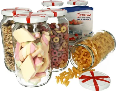 Produktbild von 6er Set Einkochgläser 1062ml Rundglas Schleifendekor Deckel Einmachgläser Marmelade Einweckglas