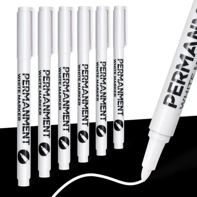Obrázek produktu pro 6 bílých permanentních fixů, šířka hrotu 1 mm, rychleschnoucí, voděodolné, akrylové, s vysokou krycí schopností, vhodné pro použití na kámen, dřevo, sklo, keramiku a textilie