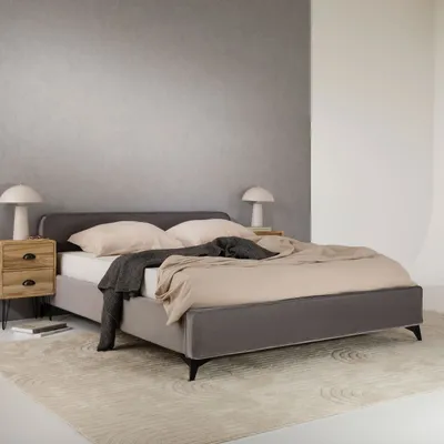 Produktbild von Polsterbett LAVORO Einzelbett 140x200, grau - Bett mit Lattenrost und Samtstoffbezug, Bettgestell mit gepolstertem Kopfteil, modernes Design, Robuster Holzrahmen & Metallbeine