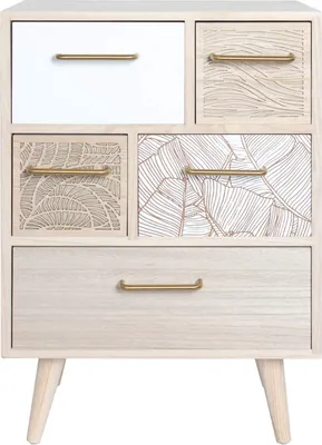 A chest of drawers with five drawers of varying sizes and designs, standing on four tapered legs.