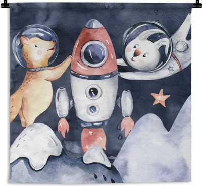 Produktbild von MuchoWow® Wandteppich Wandbehang Weltraum - Rakete - Kaninchen - Jungen - Mädchen - Kinder 150x150 cm Tapisserie Dekoration Wandtuch - Wohnaccessoires - Modernes