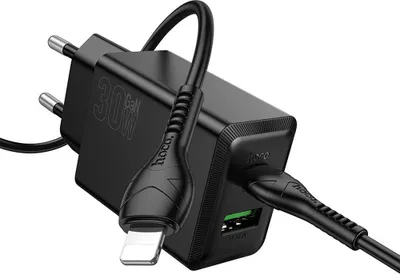 Immagine prodotto di Caricabatterie Hoco USB A + USB C QC3.0 PD AFC 3A 30W + cavo da USB C a USB C N71 nero