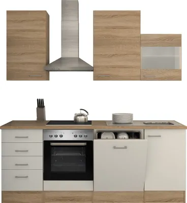Produktbild von Küchenzeile mit E-Geräten & Geschirrspüler - 220 cm breit - Weiß Sonoma Eiche – Salerno