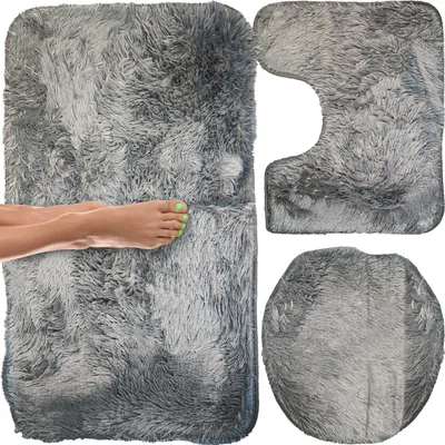 Produktbild von Badteppich Set 3 teilig Badematten Waschbar Badvorleger WC Teppich für Badezimmer Toilettensitzbezug Badezimmerteppich Grau Retoo