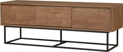 A wooden TV cabinet with a black metal frame, shown against a white background.