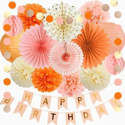 Productafbeelding van Verjaardagsdecoratie set - 4 papierfanfolders, 6 pompoms, 2 lantaarns - pastel herfst thema voor meisjes - Homevero