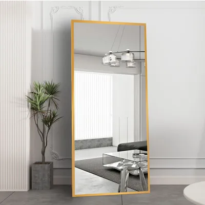 Image de Miroir de pied doré, cadre en métal, 180x80 cm, miroir pleine longueur, à poser ou à suspendre, aluminium, verre