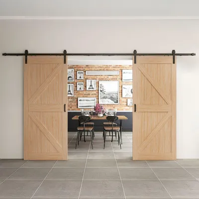 Produktbild von inova Doppelflügelige Holzschiebetür 1800 x 2150 mm, Scheunentor Eiche, Komplettset mit schwarzem Beschlag, Softclose beidseitig