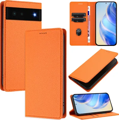Image de Étui en cuir pour Google Pixel 6, Litschi cuir, étui portefeuille avec fentes pour cartes et support Orange