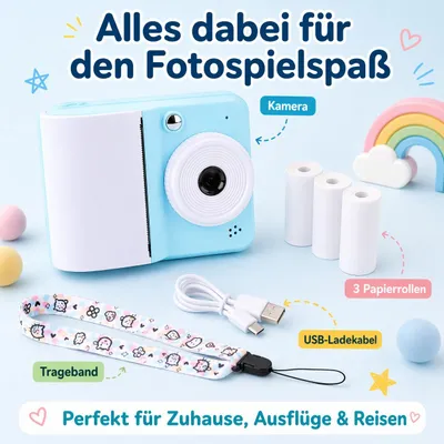 Produktbild von Kinder Sofortbildkamera mit Thermodruck – 1080P Kamera für Kinder mit 2,4 Zoll Bildschirm, 48 MP, Selfie-Funktion, Video, Thermopapier und Halsband
