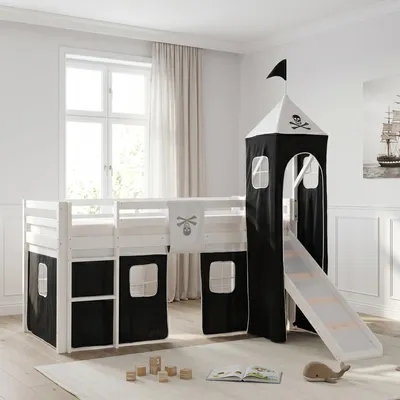 Produktbild von Homestyle4u Hochbett 90x200 mit Rutsche Turm Lattenrost Vorhang Pirat Junge schwarz Kinderbett Weiß Holz Kiefer Massiv Jugendbett Spielbett