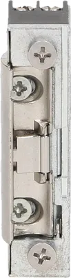 A close-up, side view of a metal door lock mechanism.