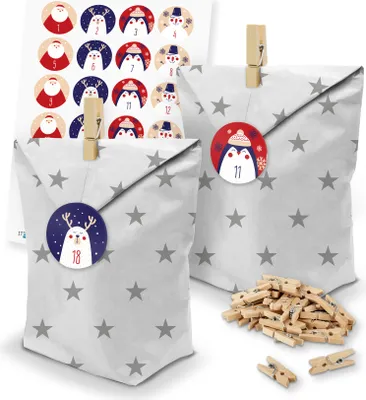Produktbild von itenga SET Adventskalender 24 x Tüten Sterne + Klammern + Zahlensticker (Z43)