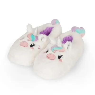 A pair of white, fluffy unicorn slippers on a white background.