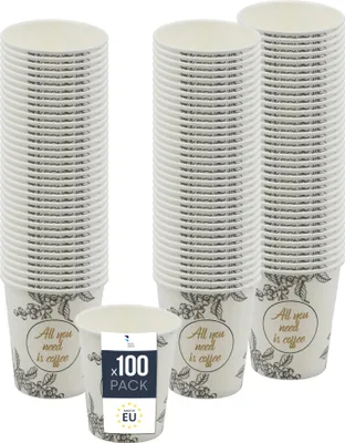 Produktbild von BenBow Kaffeebecher 180 ml x 100, Pappbecher zum Mitnehmen, Einwegbecher für Unterwegs, All You Need Is Coffee, Kaffee Becher für Büro und Kaffeemaschinen, Robust und Praktisch