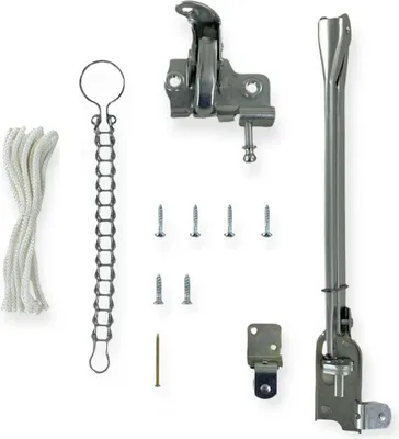 A collection of hardware components for a window or door opener system, laid out on a white background.
