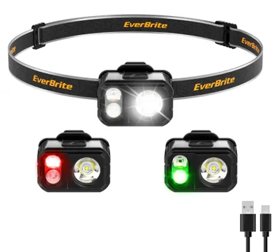 Obrázek produktu pro Čelovka EverBrite LED, nabíjecí, 45 g, ultra lehká, vodotěsná (IP67), s 7 režimy osvětlení a klipem, červené a zelené světlo, mini čelovka, nabíjecí, vhodná pro běh, turistiku, kempování, šedá barva