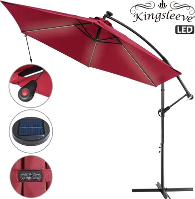 Produktbild von KINGSLEEVE® Ampelschirm LED Beleuchtung UV Schutz 80+ Solar Ständer Schutzhülle 350cm Groß Kurbel Balkon Terrasse Gartenschirm Sonnenschirm Rot