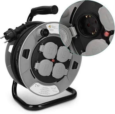 Produktbild von Navaris Kabeltrommel 25m mit 4 Steckdosen - Schutzklasse IP44 Kabeltyp H05RR-F 3G1,5 - Kabelrolle Kabel Trommel Baustelle Werkstatt Wohnwagen Camping