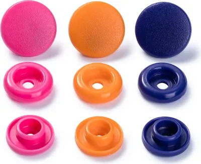 Produktbild von Prym 393006, Nieten-Druckknopf-Verschluss, Kunststoff, Polyoxymethylen (POM), Orange, Pink, Violett, Matte, Rund, 1,24 cm