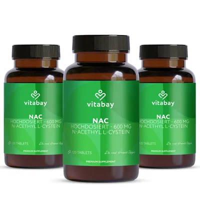 Produktbild von Vitabay NAC 600 mg – 360 vegane Kapseln mit N-Acetyl-L-Cystein – 3er-Pack – Ohne unnötige Zusatzstoffe