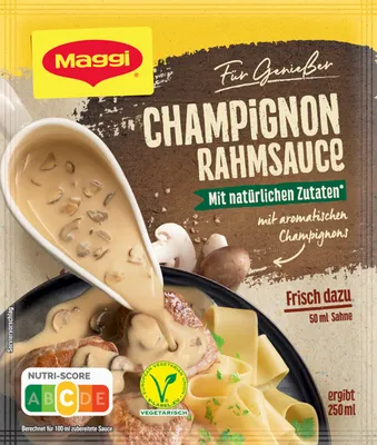 A close-up of a Maggi Champignon Rahm Sauce package with a serving suggestion shown.