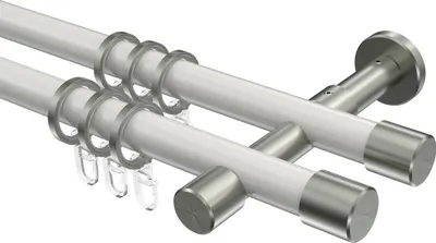 Produktbild von Interdeco Gardinenstange / Vorhangstange Weiß / Edelstahl-Optik, Typ Prestige Santo (Kappe), 20 mm Ø 2-läufig, 420 cm