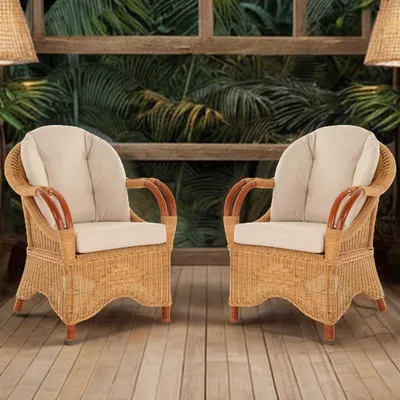 Produktbild von KRINES HOME 2er Set Breiter Wintergarten Rattansessel Natur Rattan Sessel Armlehnsessel Wohnzimmer Rattanmöbel (Honig / Rotbraun)