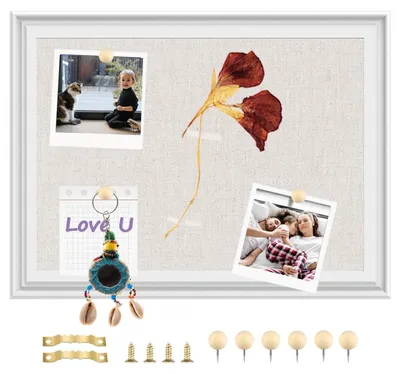 Produktbild von Pinboard mit Weißem Holzrahmen - Kork/Linen - Multifunktionales Notizbrett - 33 x 43 cm - Perfekt für Zuhause/Büro - Bulletinboard