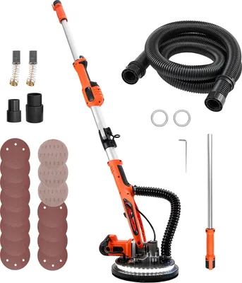 Immagine prodotto di Levigatrice per cartongesso SucceBuy 850 W, levigatrice per soffitti con piatto di levigatura da 255 mm, levigatrice a collo lungo con velocità di rotazione 800-1700 giri/min, illuminazione a LED, impugnatura estensibile, 15 dischi abrasivi, aspirazione della polvere