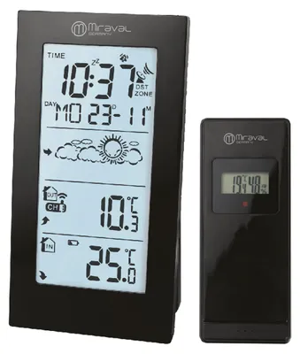 Produktbild von Miraval Funk-Wetterstation Basic – DCF77, Außensensor 100 m, Temperaturanzeige, Wettervorhersage, 2 Alarme, Displaybeleuchtung Schwarz