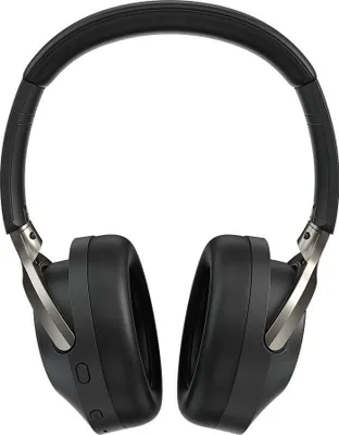 A pair of black over-ear headphones is shown from the front against a white background.
