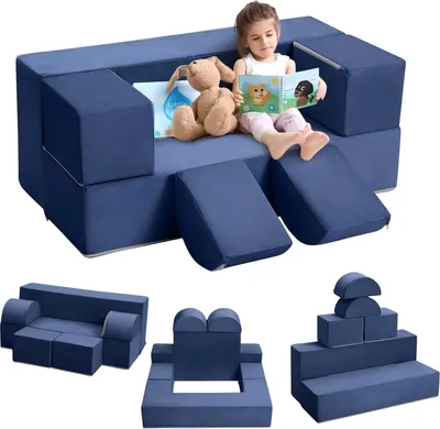 Produktbild von Modulares Kindersofa 6-teilig – Spielsofa & Bodenmatte für Kinderzimmer – Weiches Schaumstoff-Spielset – Blau