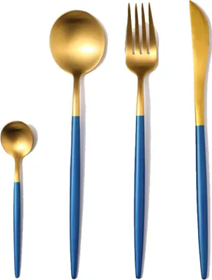 Produktbild von Goldfarbenes Silberbesteck-Set, mattes Besteckset aus Edelstahl 304, flaches Besteckset mit Griffen, Gabeln, Messern und Löffeln, satiniertes Geschirrset für Zuhause und Restaurant, spülmaschinenfest