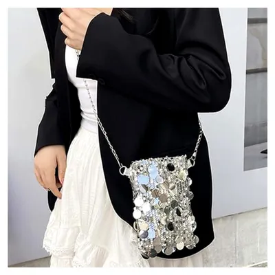 Produktbild von Glitzer Tasche Damen Pailletten mit Reißverschluss Silber Umhängetasche Clutch Elegante Party Handtasche Glitzertasche