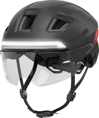 Produktbild von ABUS Fahrradhelm HYP-E B.LACE - mit Front-, Rück- und Blinklicht sowie kabellos zu aktivierendem Bremslicht - mit Visier und Ohrenschützern - für Fahrrad, E-Bike und S-Pedelec - Grau, Größe S (51-55 cm)