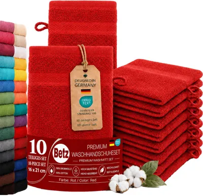 Produktbild von Betz 10 Stück Waschhandschuhe 16x21 cm PREMIUM 100% Baumwolle  Farbe: rot