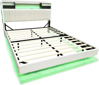 Produktbild von Polsterbett 140x200 cm (Ohne Matratze) Kopfteil USB-Steckdose Kopfteil Ablage Stauraum Schwebebett Jugendbett Erwachsenenbett Leinenstoff Beige