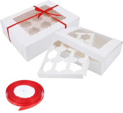 Produktbild von 10 Stück Cupcake-Box mit 4/6 abnehmbaren Einsätzen - Weiße Bäckerei-Box mit Fenster für Muffins, Torten, Donuts - Inklusive 12 Einsätzen